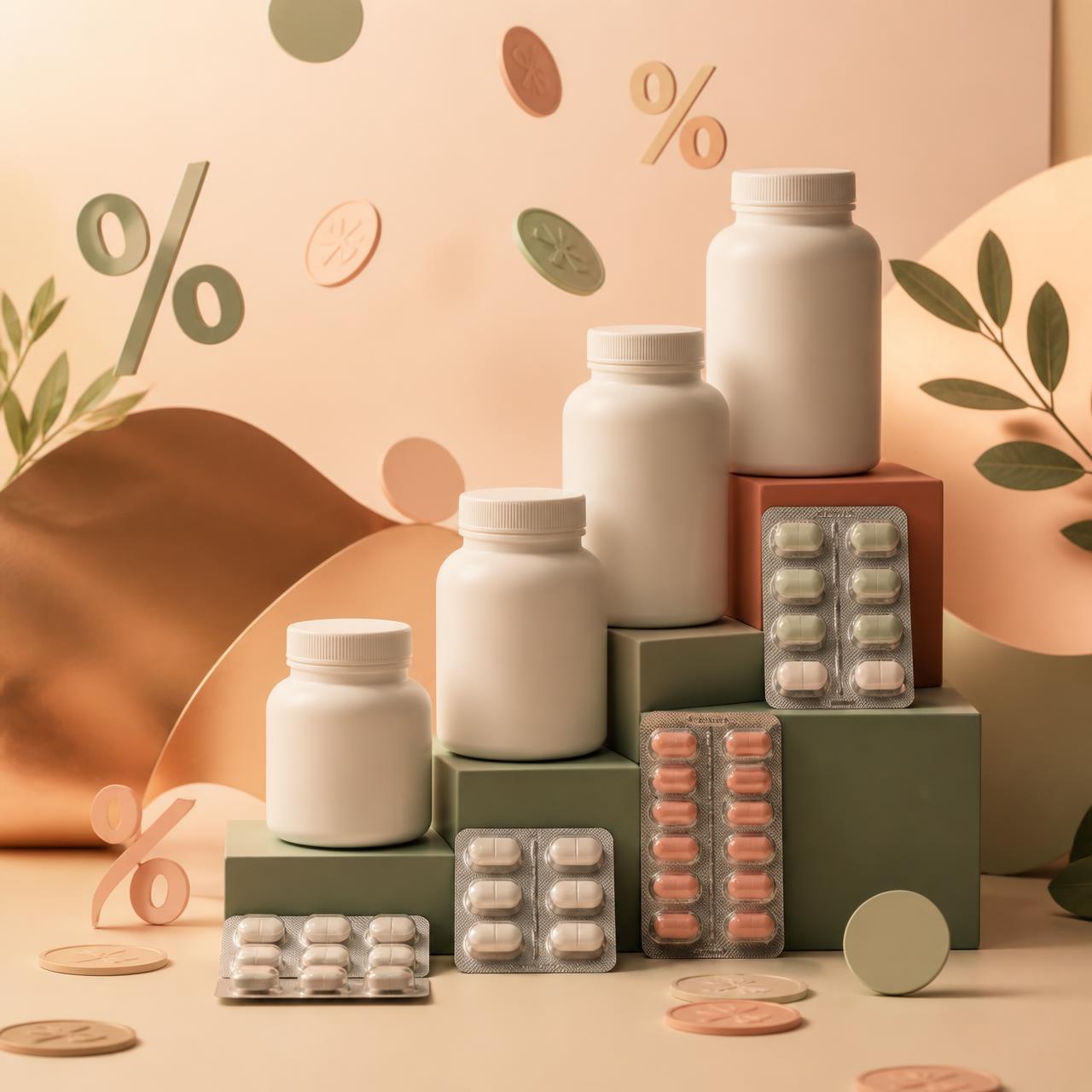 Stacked medication bottles representing refill savings